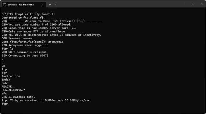 FTP login session to ftp.funet.fi